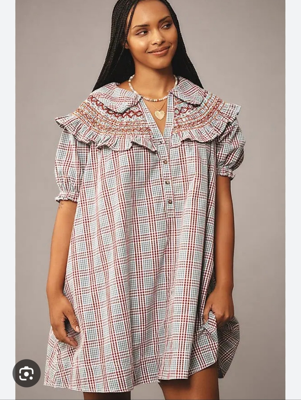 PILCRO ANTHROPOLOGIE v Neck Puff Sleeve Cottagecore Dress Boho Babydoll Plaid Y2 - Picture 16 of 16